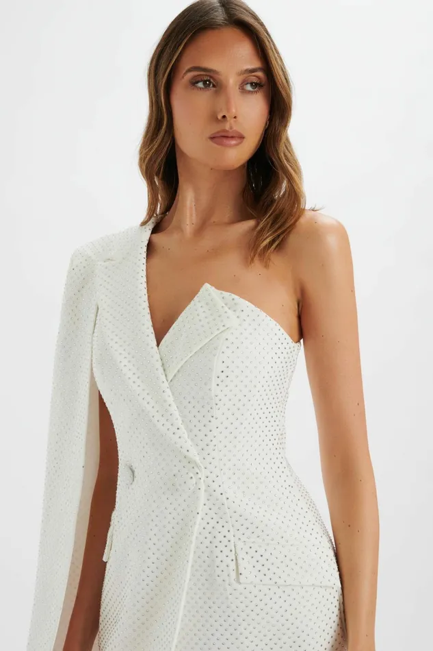 Women Cape Dresses Lavish Alice MARCY Crystal Embellished One Shoulder Cape Blazer Dress In White White Women Cape Dresses Lavish Alice MARCY Crystal Embellished One Shoulder Cape Blazer Dress In White White