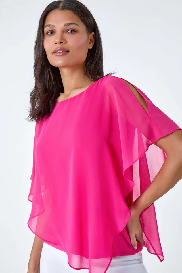 Women Cerise Asymmetric Cold Shoulder Stretch Chiffon Top Roman Tops