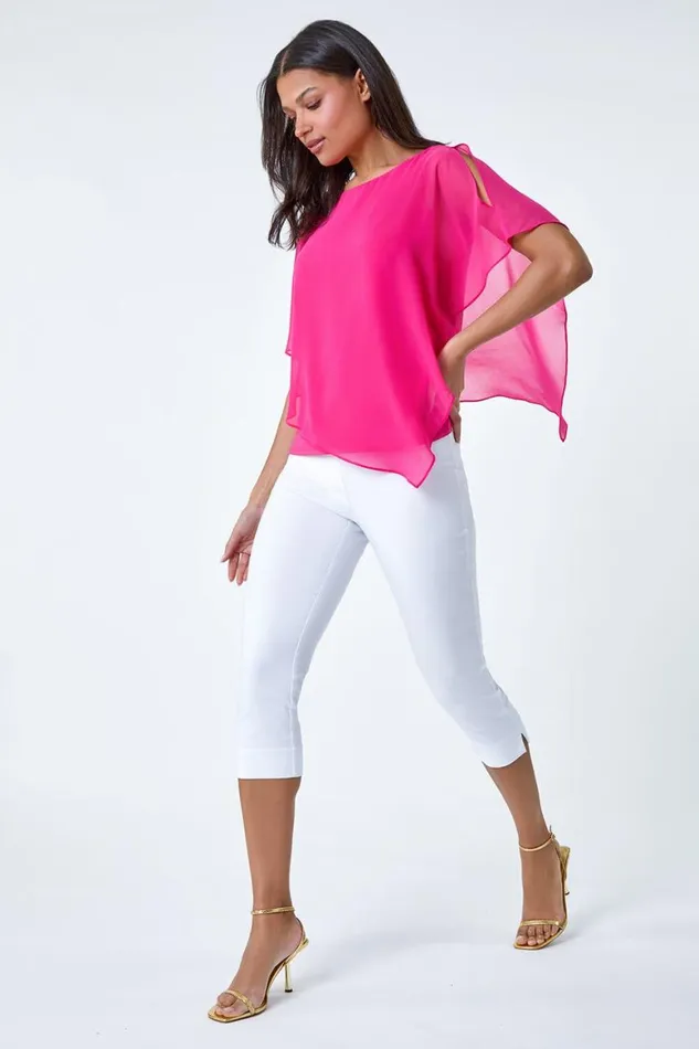 Women Cerise Asymmetric Cold Shoulder Stretch Chiffon Top Roman Tops