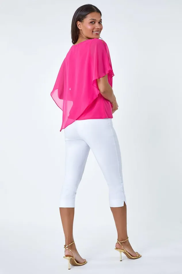 Women Cerise Asymmetric Cold Shoulder Stretch Chiffon Top Roman Tops