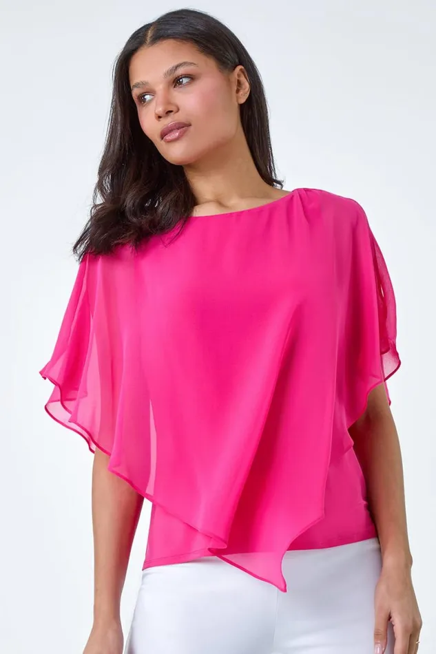 Women Cerise Asymmetric Cold Shoulder Stretch Chiffon Top Roman Tops