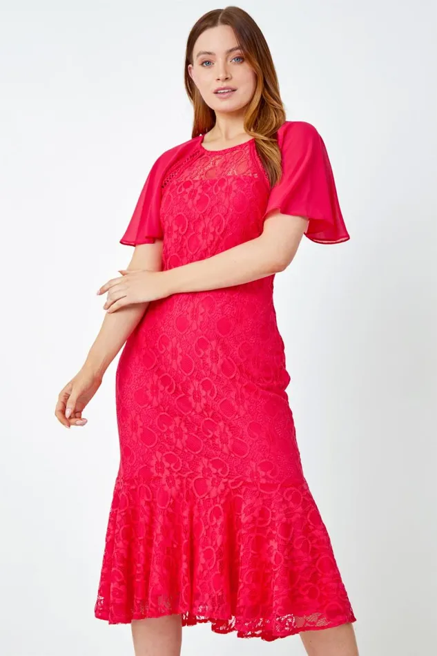 Women Cerise Chiffon Angel Sleeve Stretch Lace Midi Dress Roman Dresses