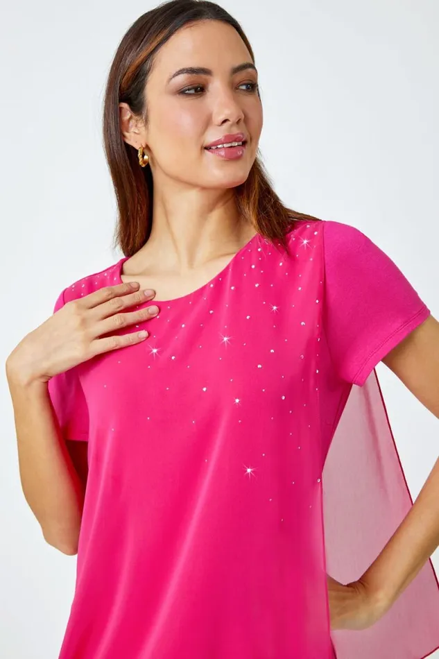 Women Cerise Diamante Embellished Overlay Top Roman Tops