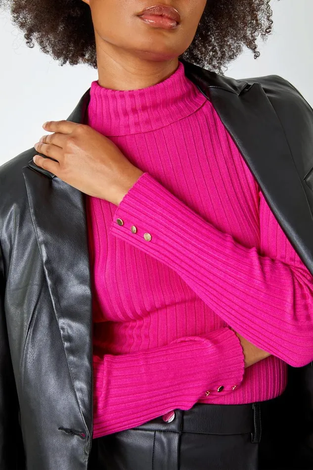 Women Cerise Ribbed Turtle Neck Jumper Roman Tops