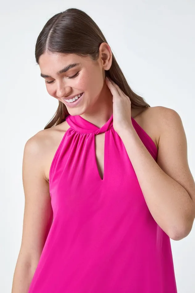 Women Cerise Twist Neck Tie Back Stretch Top Roman Tops