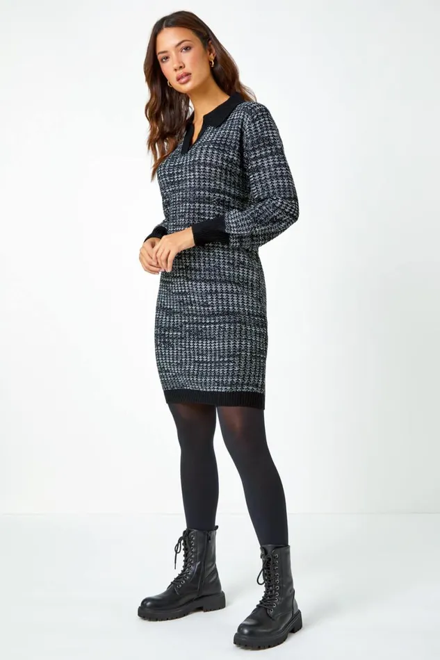 Women Charcoal Collared Knitted Jumper Dress Roman Dresses