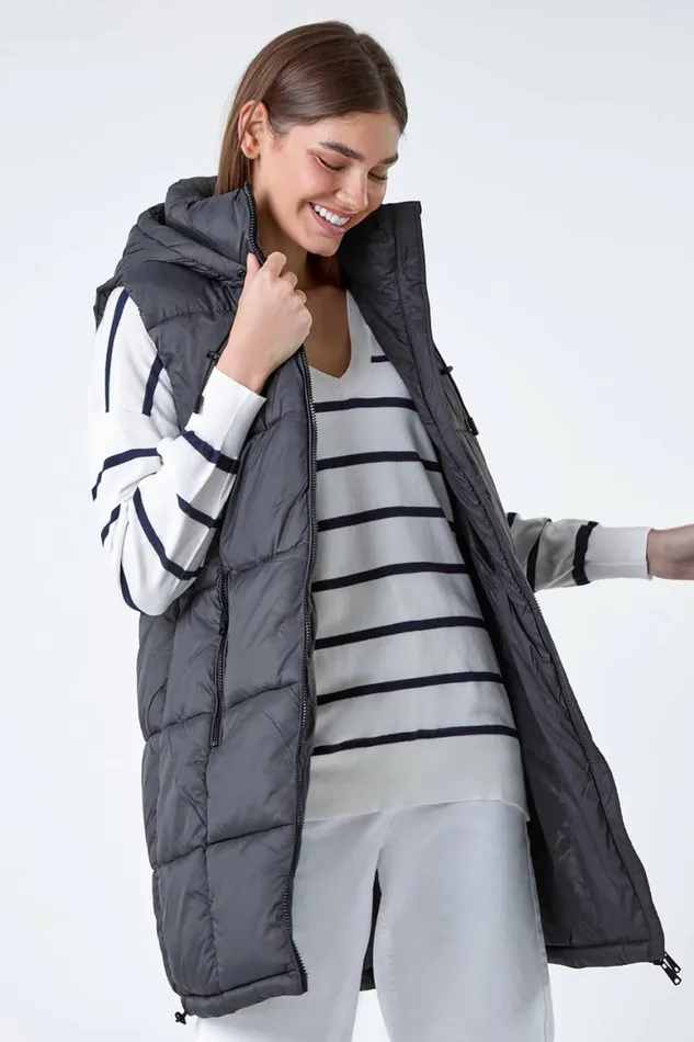 Women Charcoal Padded Longline Hooded Gilet Roman Coats