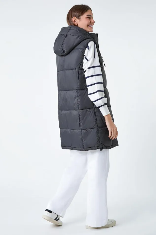 Women Charcoal Padded Longline Hooded Gilet Roman Coats
