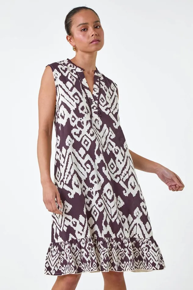 Women Chocolate Petite Aztec Print Frill Hem Dress Roman Dresses