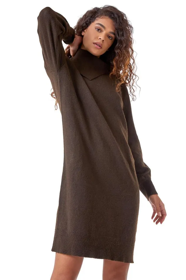 Women Chocolate Split Neck Ribbed Knit Dress Roman Dresses