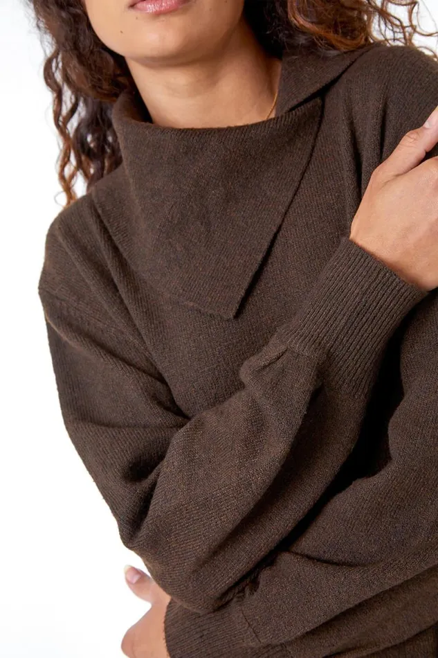Women Chocolate Split Neck Ribbed Knit Dress Roman Dresses