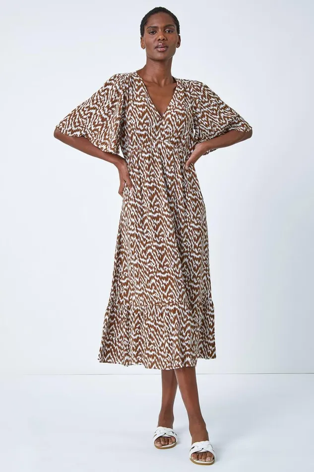 Women Chocolate Zig Zag Print Tiered Hem Midi Dress Roman Dresses