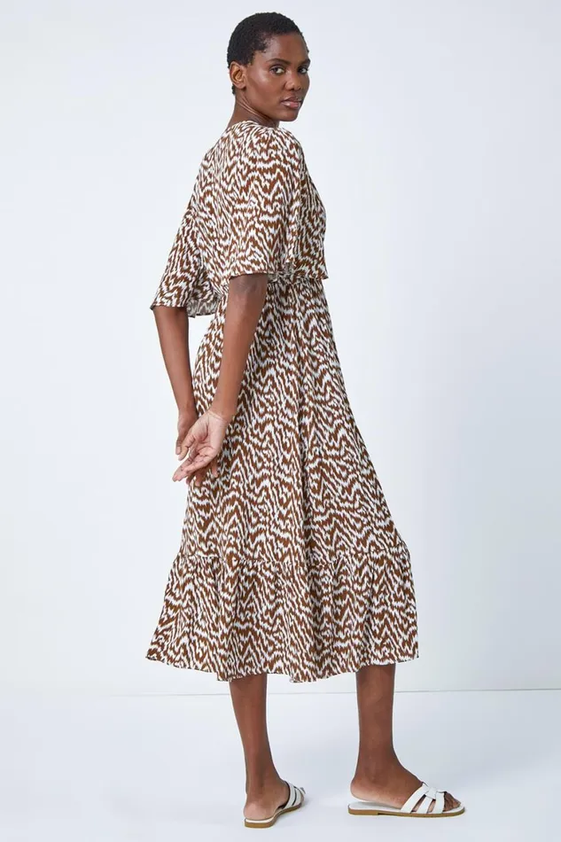 Women Chocolate Zig Zag Print Tiered Hem Midi Dress Roman Dresses