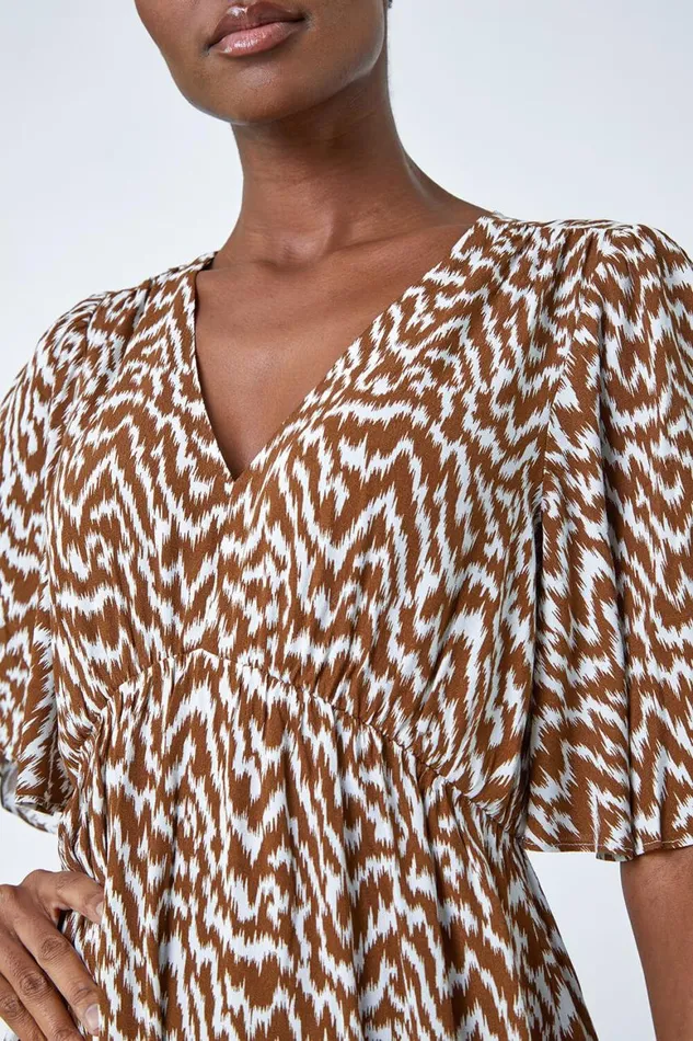 Women Chocolate Zig Zag Print Tiered Hem Midi Dress Roman Dresses