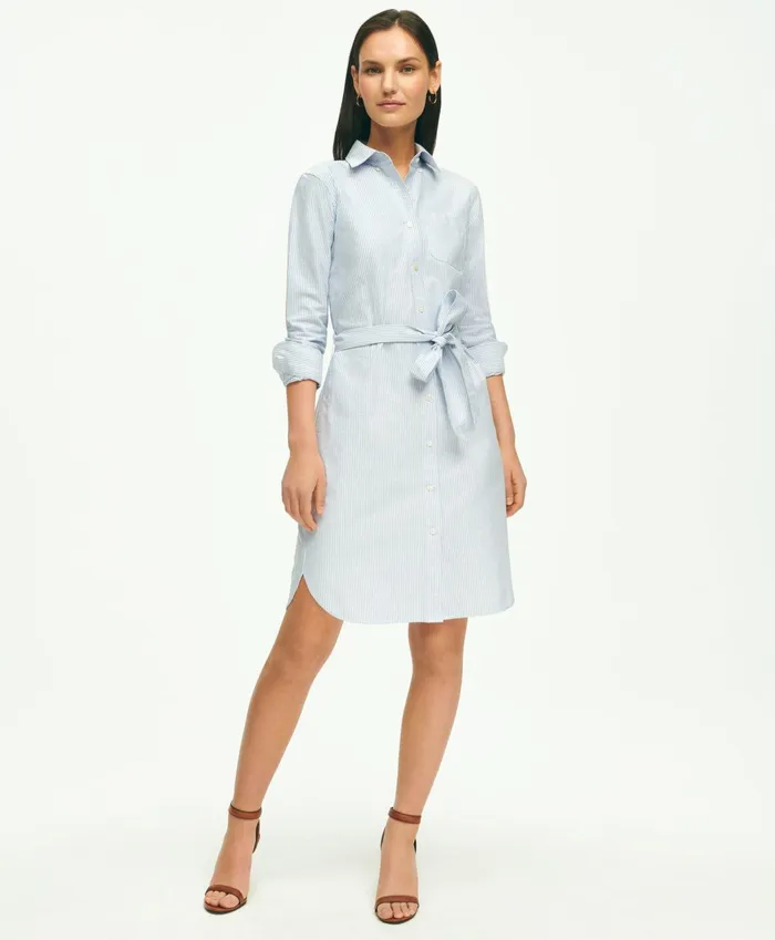 Women Classic Fit Cotton Oxford Stripe Shirt Dress Blue Brooks Brothers Dresses