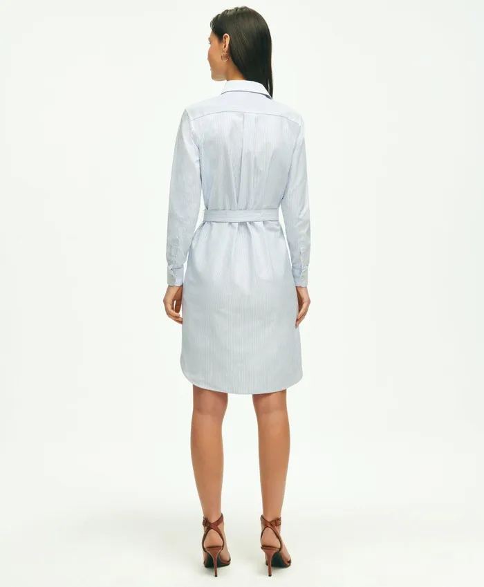 Women Classic Fit Cotton Oxford Stripe Shirt Dress Blue Brooks Brothers Dresses