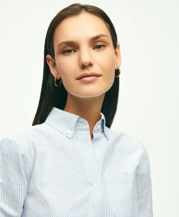 Women Classic Fit Cotton Oxford Stripe Shirt Dress Blue Brooks Brothers Dresses