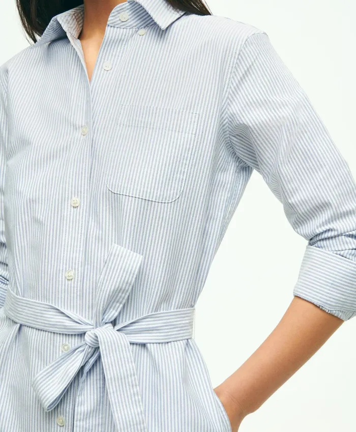 Women Classic Fit Cotton Oxford Stripe Shirt Dress Blue Brooks Brothers Dresses