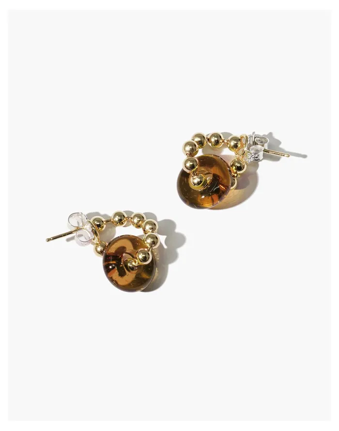 Women CLED 24K Gold Plated Donut Ball Hoop Earrings Light Brown Madewell Earrings