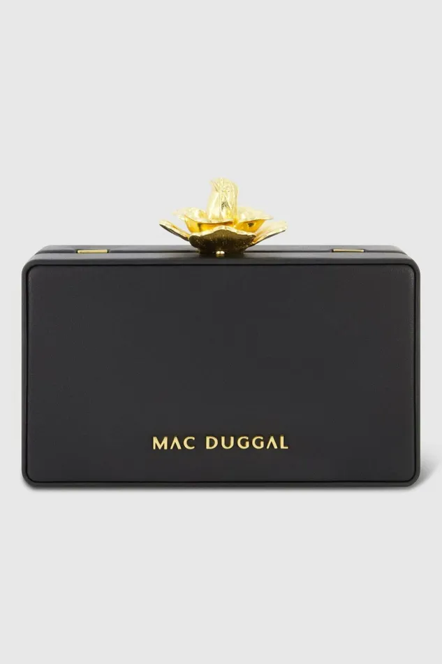Women Clutches Mac Duggal Gold Rose Mini Black Nappa Leather Box Clutch Black