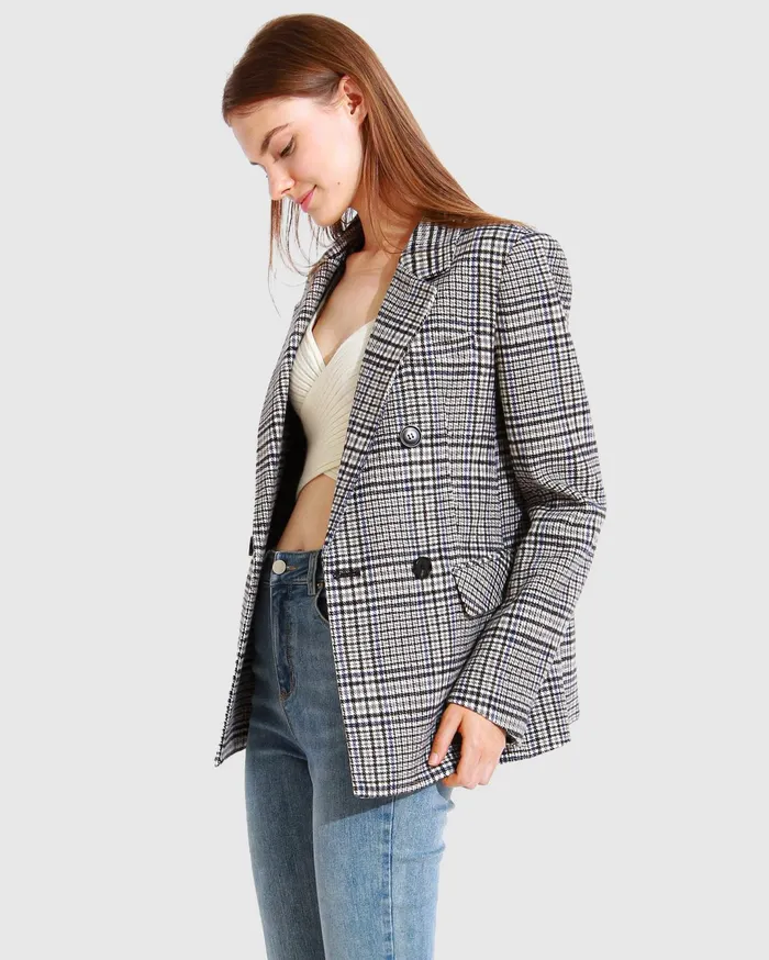 Women Coats and Jackets Belle and Bloom Piccadilly Wool Blend Plaid Blazer 8211 Grey