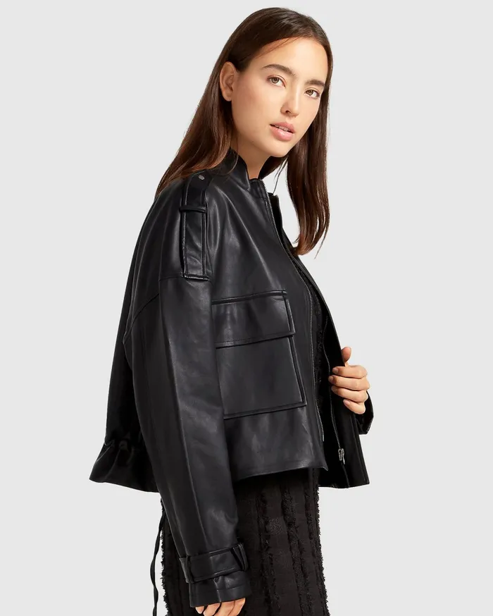 Women Coats and Jackets Belle and Bloom Reload Draped Leather Look Jacket 8211 Black