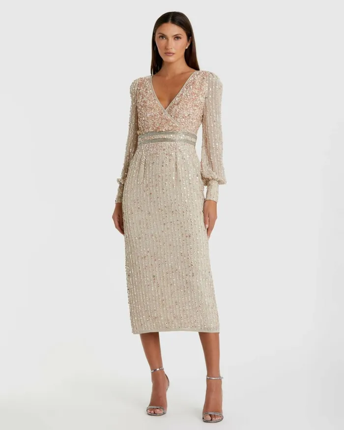 Women Cocktail Dresses Mac Duggal Beige Sequined V Neck Bishop Sleeve Dress Nude