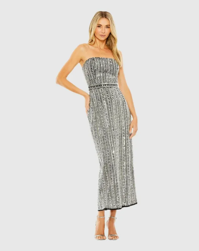 Women Cocktail Dresses Mac Duggal Black And Silver Embellished Strapless Column Dress Black Women Cocktail Dresses Mac Duggal Black And Silver Embellished Strapless Column Dress Black