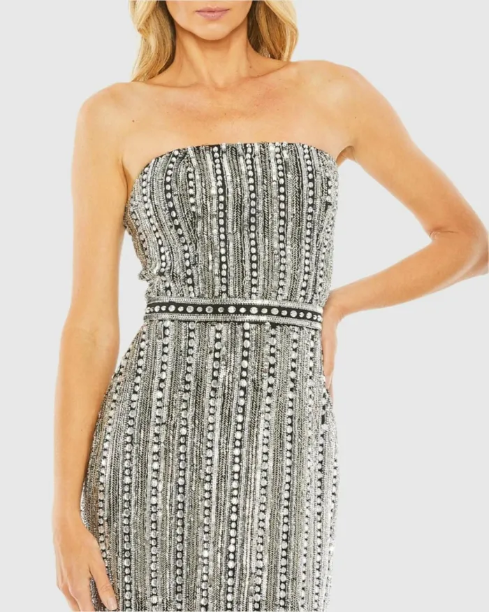 Women Cocktail Dresses Mac Duggal Black And Silver Embellished Strapless Column Dress Black