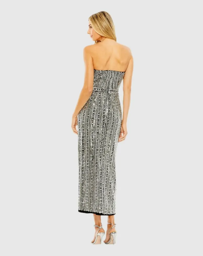 Women Cocktail Dresses Mac Duggal Black And Silver Embellished Strapless Column Dress Black