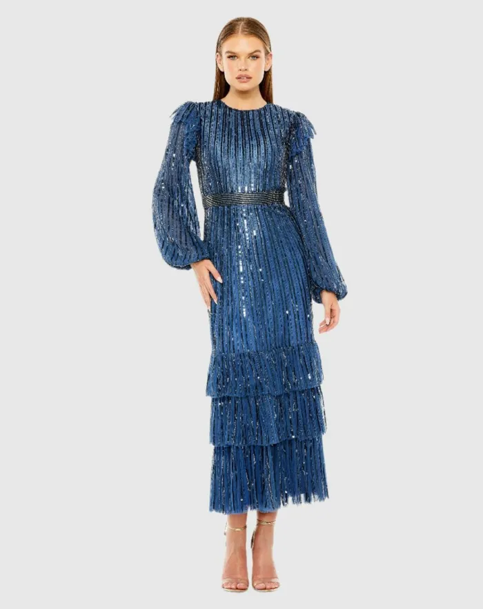 Women Cocktail Dresses Mac Duggal Blue Long Sleeve Ruffle Detail Sequin Dress Midnight
