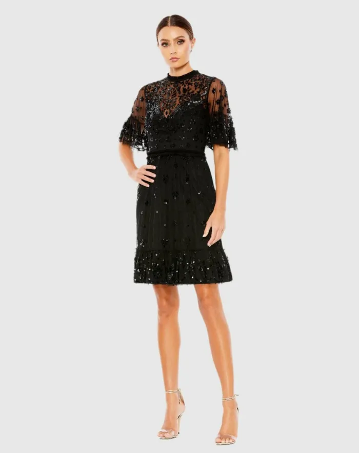 Women Cocktail Dresses Mac Duggal Embellished Illusion High Neck Mini Dress Black