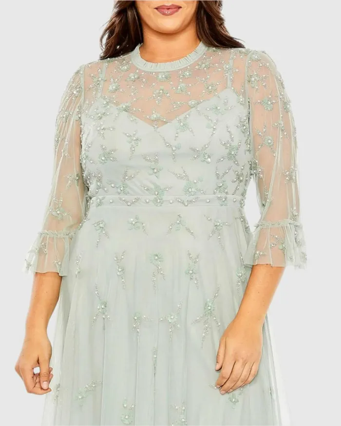 Women Cocktail Dresses Mac Duggal Green High Neck Embellished Flutter Half Length Sleeve Dress Sage
