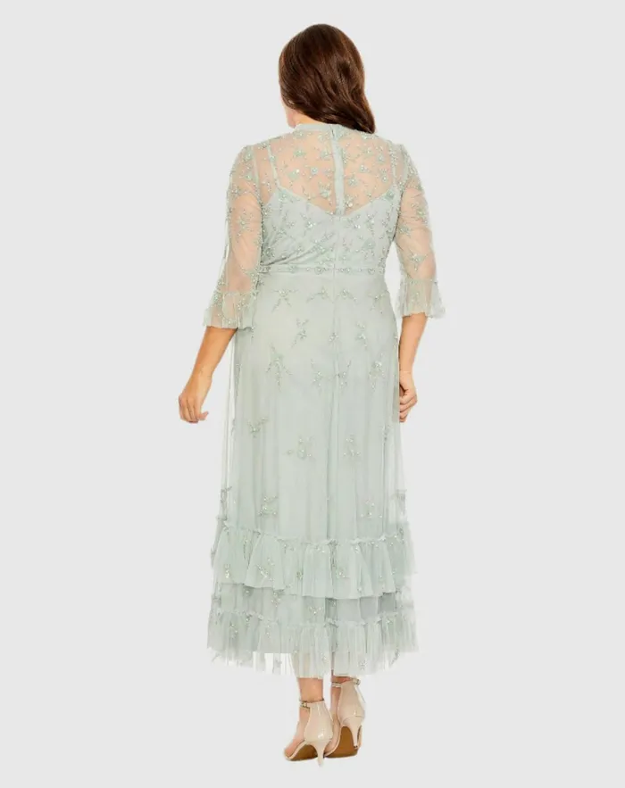 Women Cocktail Dresses Mac Duggal Green High Neck Embellished Flutter Half Length Sleeve Dress Sage