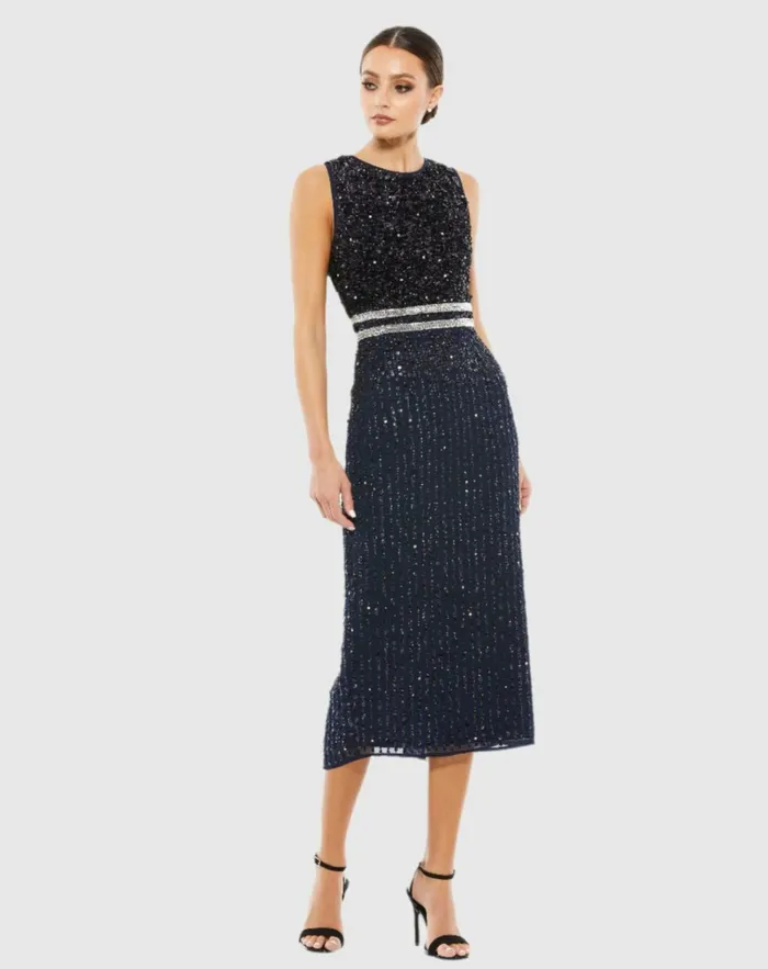 Women Cocktail Dresses Mac Duggal Navy Sleeveless High Neck Beaded Midi Sheath Dress Navy Women Cocktail Dresses Mac Duggal Navy Sleeveless High Neck Beaded Midi Sheath Dress Navy