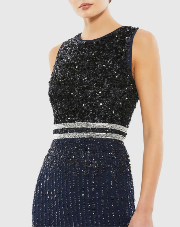 Women Cocktail Dresses Mac Duggal Navy Sleeveless High Neck Beaded Midi Sheath Dress Navy