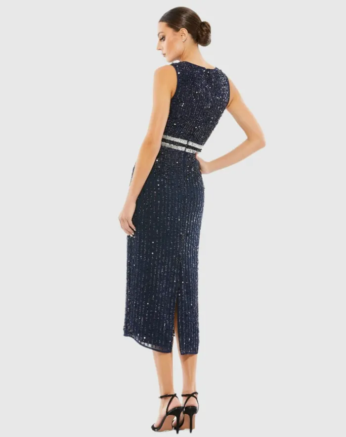 Women Cocktail Dresses Mac Duggal Navy Sleeveless High Neck Beaded Midi Sheath Dress Navy