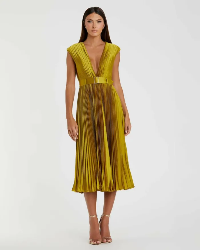 Women Cocktail Dresses Mac Duggal Pleated Cap Sleeve Belted A Line Dress Chartreuse