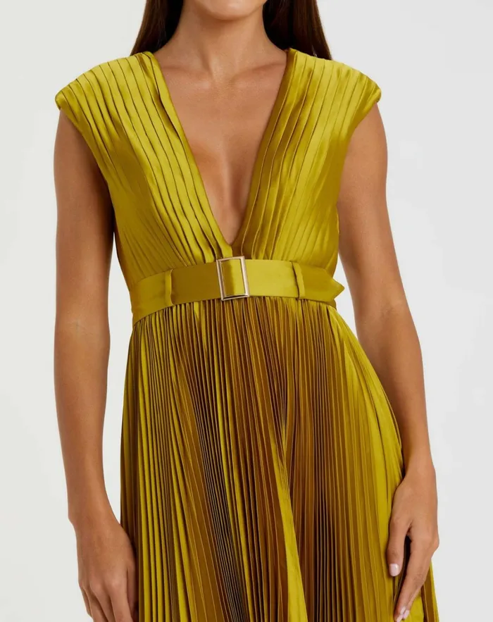 Women Cocktail Dresses Mac Duggal Pleated Cap Sleeve Belted A Line Dress Chartreuse