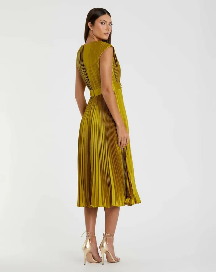 Women Cocktail Dresses Mac Duggal Pleated Cap Sleeve Belted A Line Dress Chartreuse