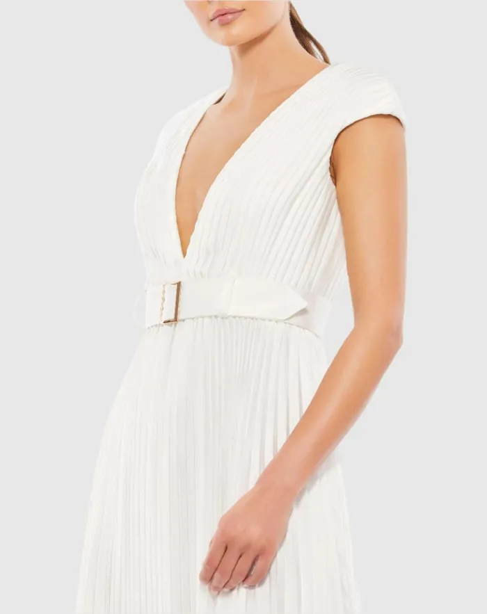 Women Cocktail Dresses Mac Duggal Pleated Cap Sleeve Belted A Line Dress Chartreuse