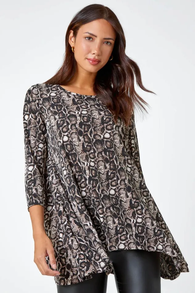 Women Coffee Animal Print Swing Stretch Top Roman Tops