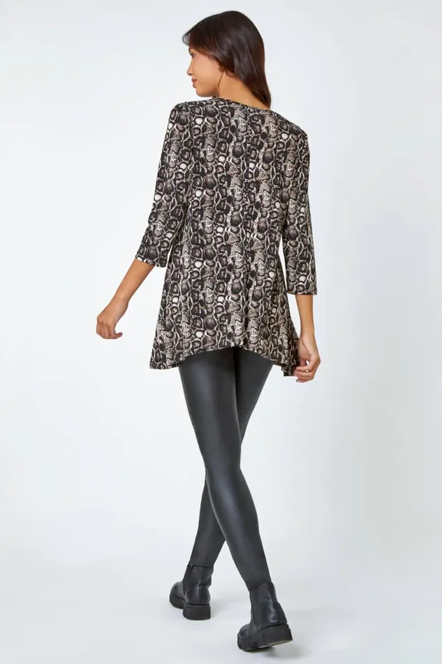 Women Coffee Animal Print Swing Stretch Top Roman Tops