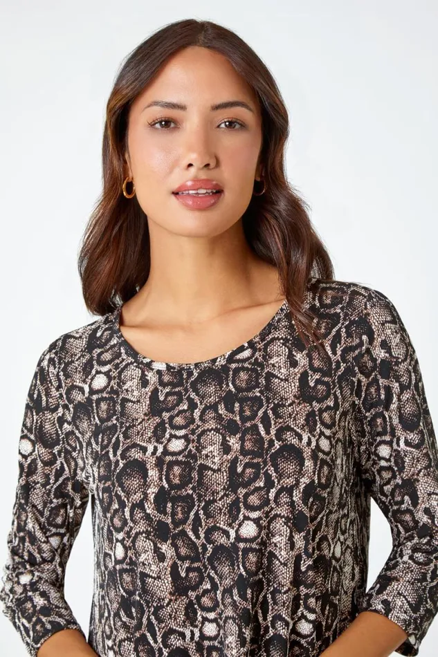Women Coffee Animal Print Swing Stretch Top Roman Tops