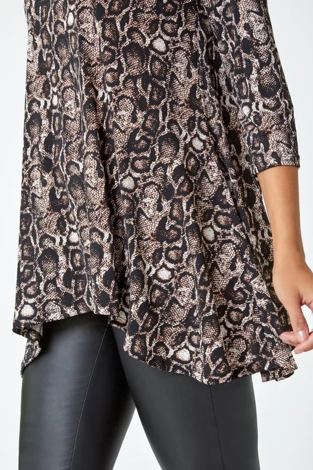 Women Coffee Animal Print Swing Stretch Top Roman Tops