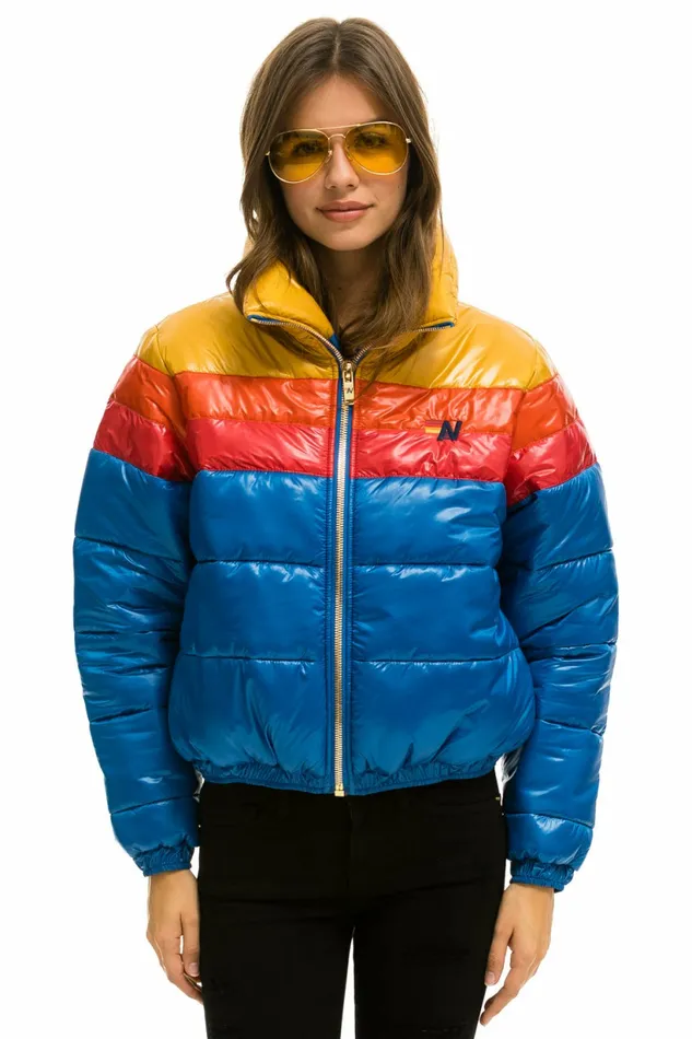 Women COLOR BLOCK LUXE APRES PUFFER JACKET 8211 GLOSSY SNORKEL BLUE Aviator Nation Outerwear