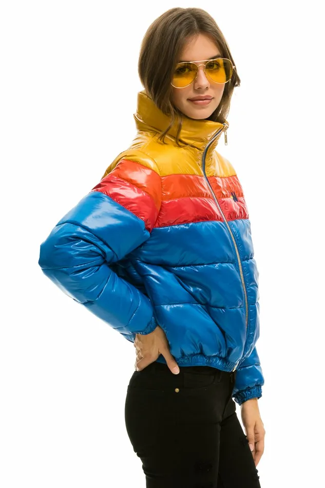 Women COLOR BLOCK LUXE APRES PUFFER JACKET 8211 GLOSSY SNORKEL BLUE Aviator Nation Outerwear Women COLOR BLOCK LUXE APRES PUFFER JACKET 8211 GLOSSY SNORKEL BLUE Aviator Nation Outerwear