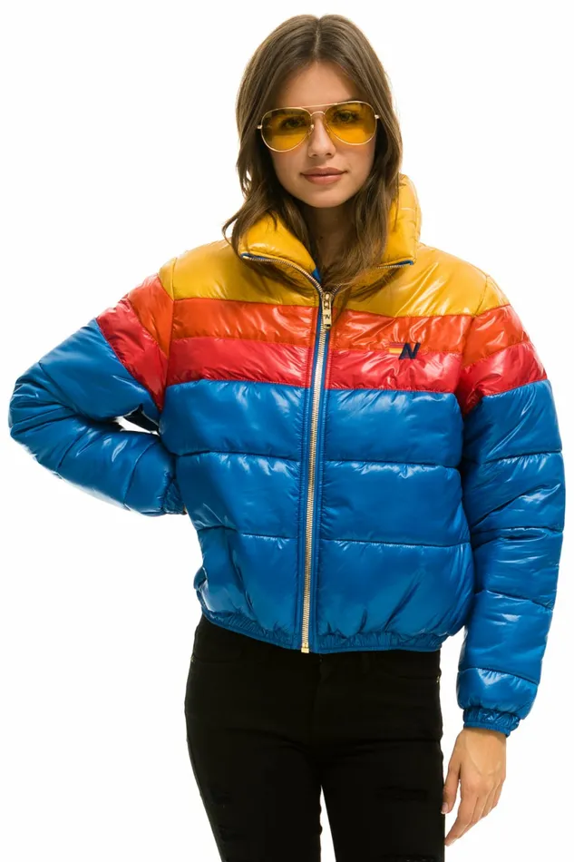 Women COLOR BLOCK LUXE APRES PUFFER JACKET 8211 GLOSSY SNORKEL BLUE Aviator Nation Outerwear Women COLOR BLOCK LUXE APRES PUFFER JACKET 8211 GLOSSY SNORKEL BLUE Aviator Nation Outerwear