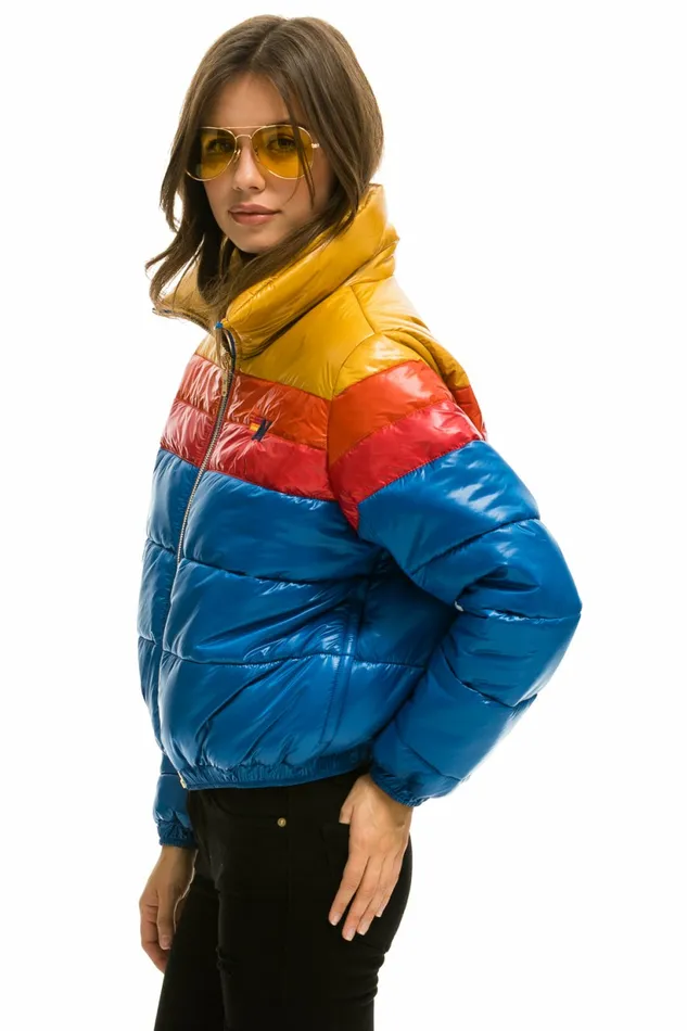 Women COLOR BLOCK LUXE APRES PUFFER JACKET 8211 GLOSSY SNORKEL BLUE Aviator Nation Outerwear Women COLOR BLOCK LUXE APRES PUFFER JACKET 8211 GLOSSY SNORKEL BLUE Aviator Nation Outerwear