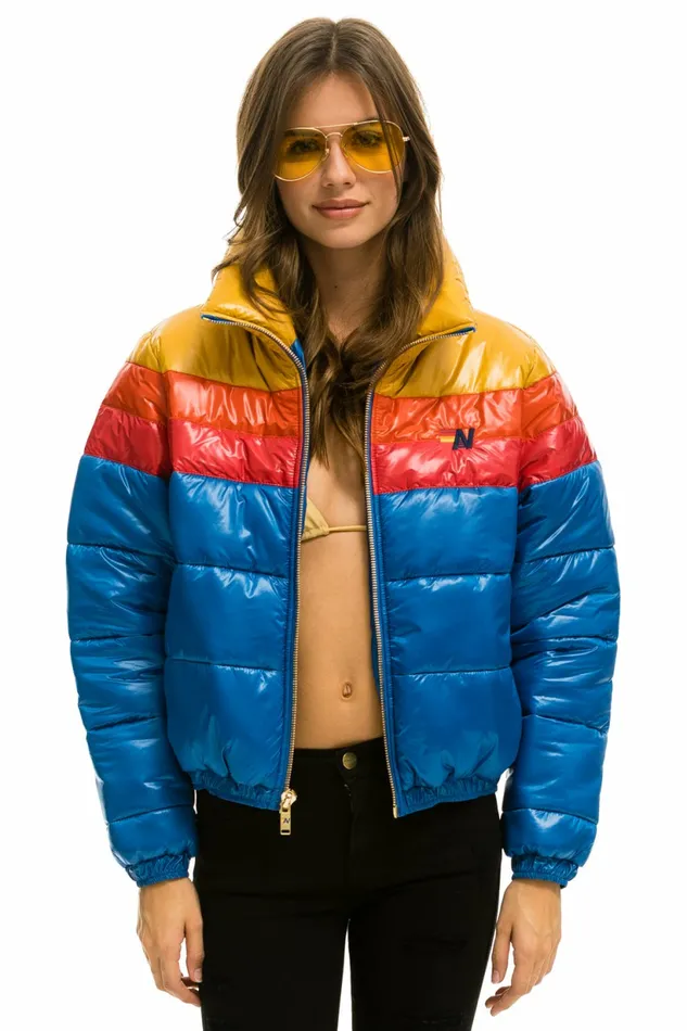 Women COLOR BLOCK LUXE APRES PUFFER JACKET 8211 GLOSSY SNORKEL BLUE Aviator Nation Outerwear Women COLOR BLOCK LUXE APRES PUFFER JACKET 8211 GLOSSY SNORKEL BLUE Aviator Nation Outerwear